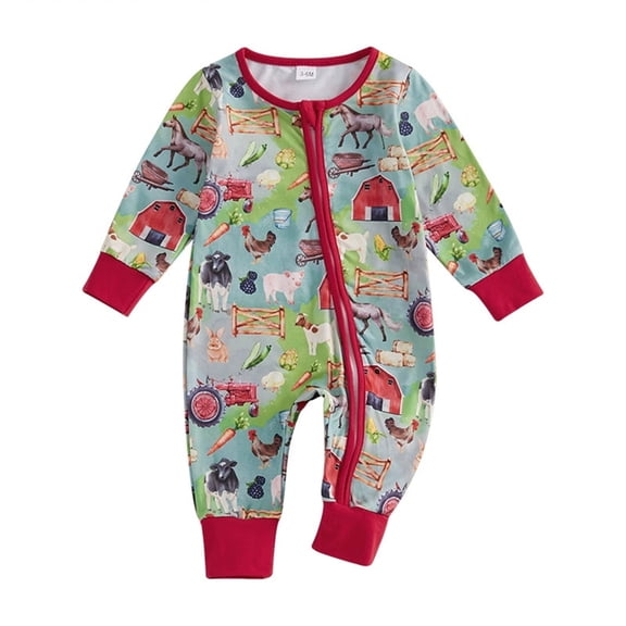 Bainana Boys Western Style Zip Up Bodysuit Casual Long Sleeve Cartoon Print Crew Neck Romper Soft Cute Baby Spring Autumn Jumpsuit Green Size 6-12 Months