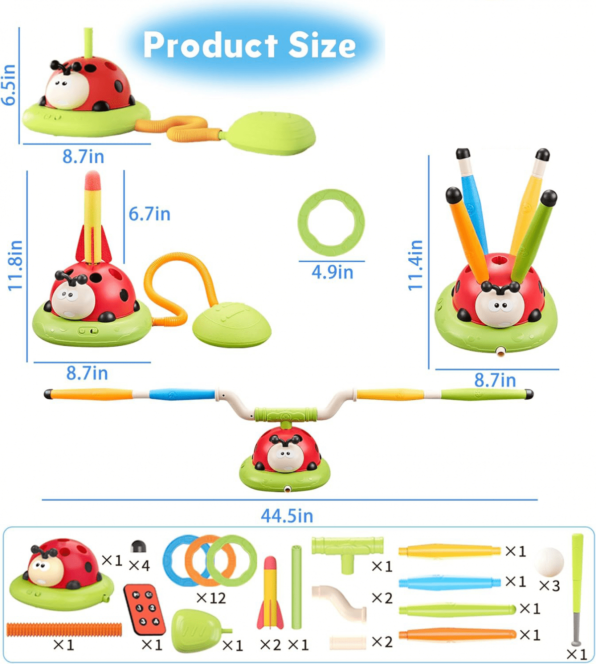 4 in 1 Kids Baseball Set with Musical Jump, Toss Rings & Stomping Launch for Kids Outdoor Games with Remote for Ages 4-8 Gifts