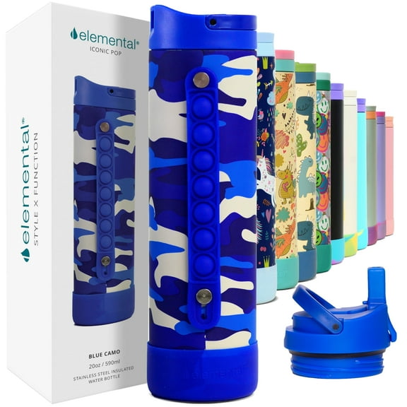 Elemental Iconic Kids Water Bottle with Straw Lid & Stress Reliever Pop It Handle - Leak-Proof When Closed - Triple Insulated Stainless Steel Reusable Thermos Water Bottle - 20oz - Blue Camo