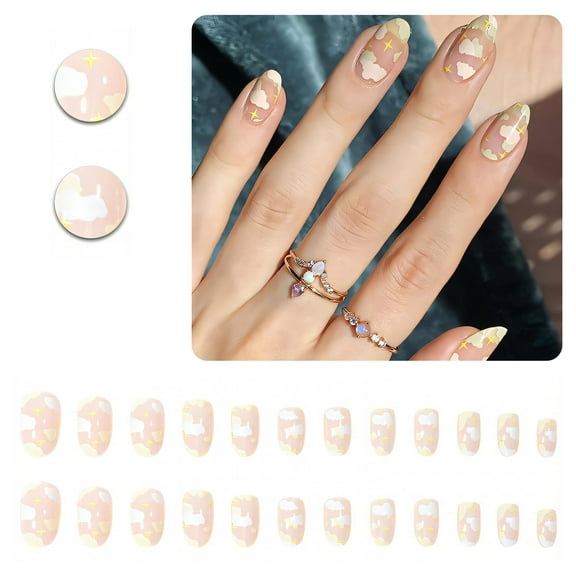 RAGUPEL 24Pcs Glue on Nails for Women,Stars and Clouds Almond Press on Nails,Glossy Design Stick on Nails for Women,False Nails for Daily Life,Dating and Gatherings,Style1