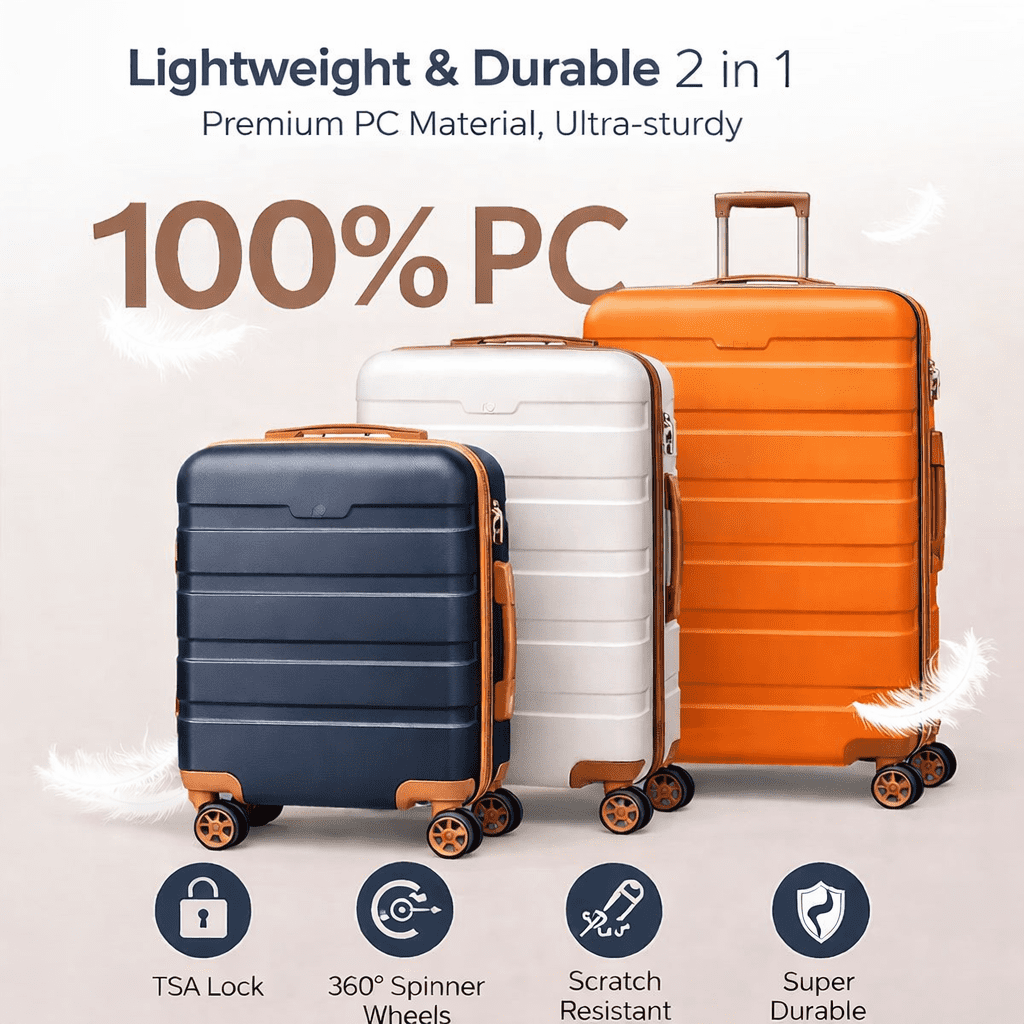 Em Yeraz   3-Piece Adult Luggage Set, Hardshell ABS+PC Suitcases with Spinner Wheels, TSA Lock & Zipper Travel Bags (20”, 24”, and 28”),