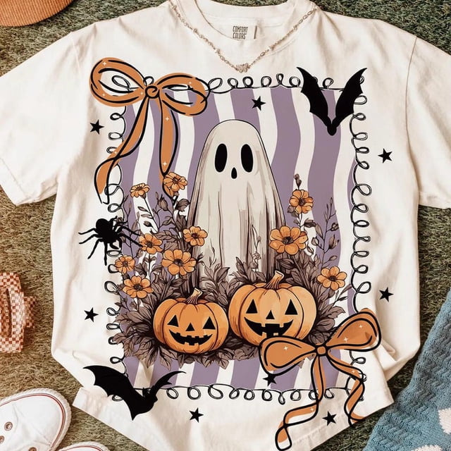 Chemise Fantôme Florale Preppy, Chemise Rétro Halloween, Chemise Saison Effrayant, Chemise Citrouilles, Chemise Feuilles, Chemise Automne, Chemise Halloween, Chemise Halloween