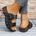 thumbnail image 5 of Rokment Punk Studded Buckles Platform Sandals for Women 2026 Beach Summer Fashion Casual Leather Faux Wooden Footbed Mid Heels Comfortable Walking Slip on Slides Black Size 6, 5 of 9