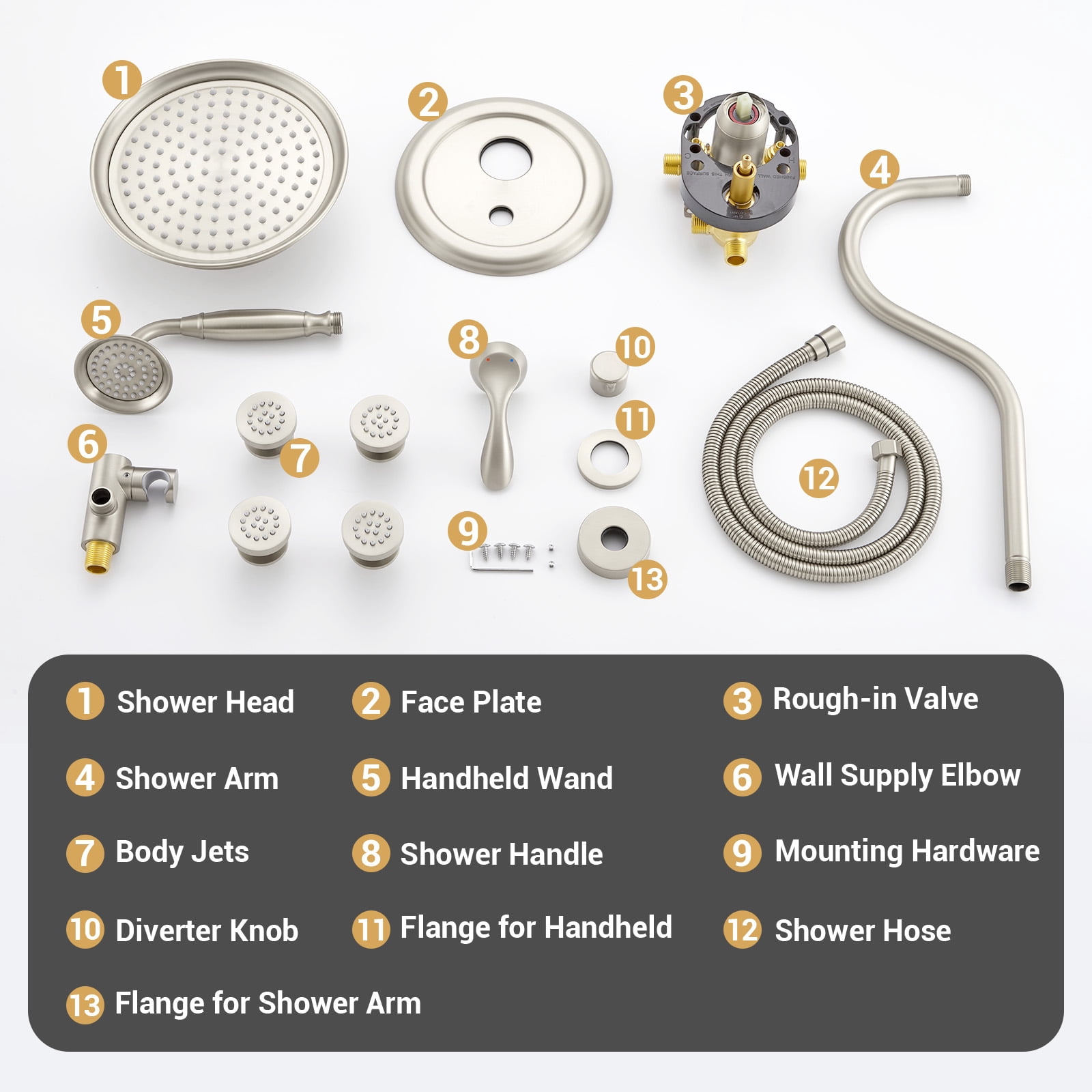 Antique Shower Faucet-Sets Fixtures: 9 inch Wall Rain Head with Handheld Spray and Body Jets, 3 Way Diverter Rough in Valve System included Trim Kit, Brushed Nickel