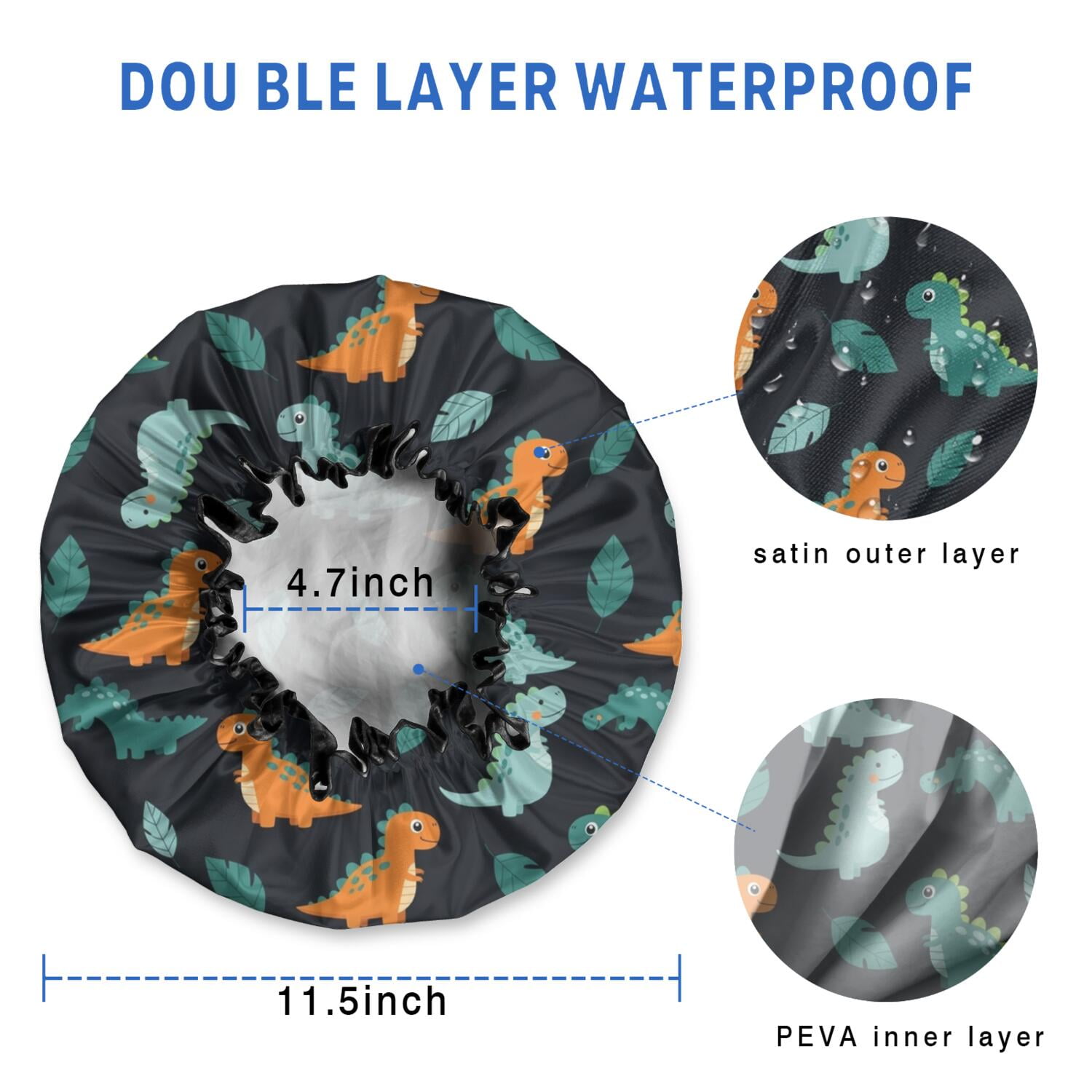 Shower Caps,Black Dinosaurs Leaves Pattern Waterproof Shower Cap for Women 4 Pieces,Double Reusable Hair Cover for Shower PEVA Elastic Stretch Hem