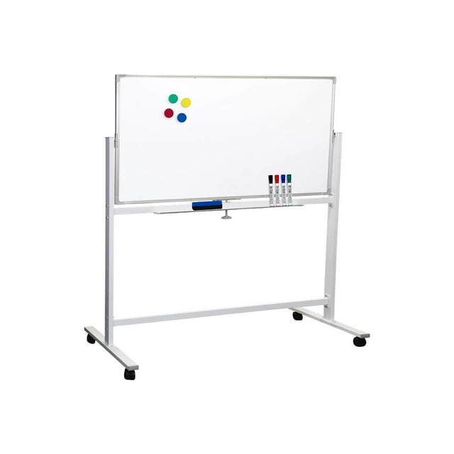 Excello Global Products Grand Tableau Blanc 48"x32 Pouces sur Roulettes : 1 Tableau Effaçable à Sec Magnétique Réversible avec Support Roulant, 4 Marqueurs Effaçables à Sec, 1 Gomme, 4 Aimants, 1 Plateau pour Marqueurs - EGP-HD-0066