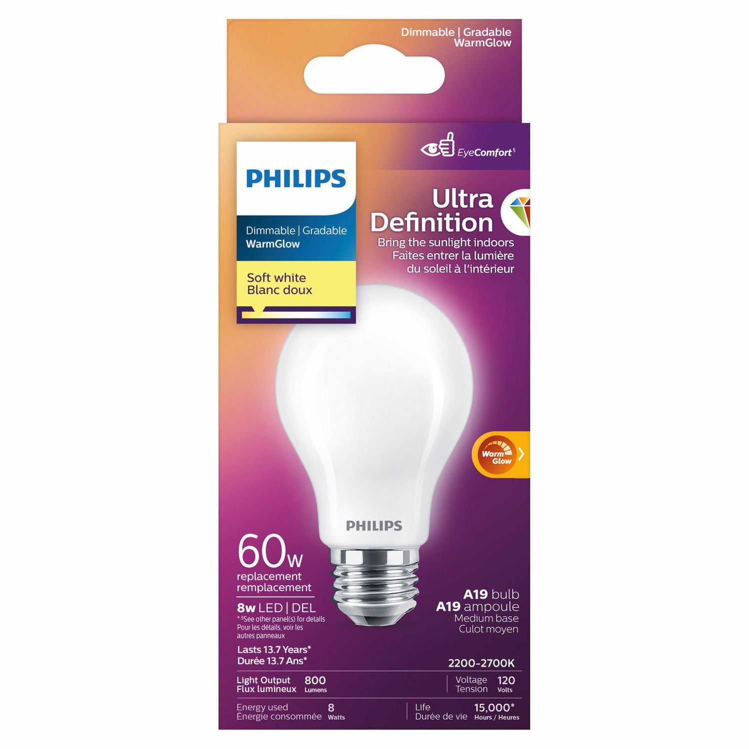 Philips LED Ultra Definition 60W A19 Soft White Glass Frosted, PHL LED 60W A19 SW