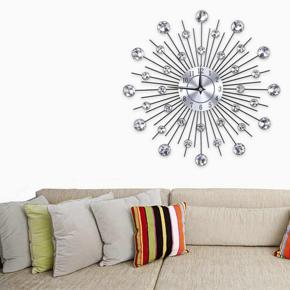 Fugacal 13” Quartz Flower-Shaped Metallic Silver Wall Clock with Sparkling Bling