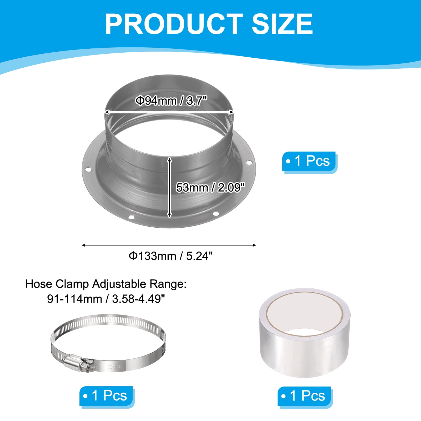 Uxcell 4" Duct Connector Flange, Metal Interface Duct Connector with Clamp, Silver