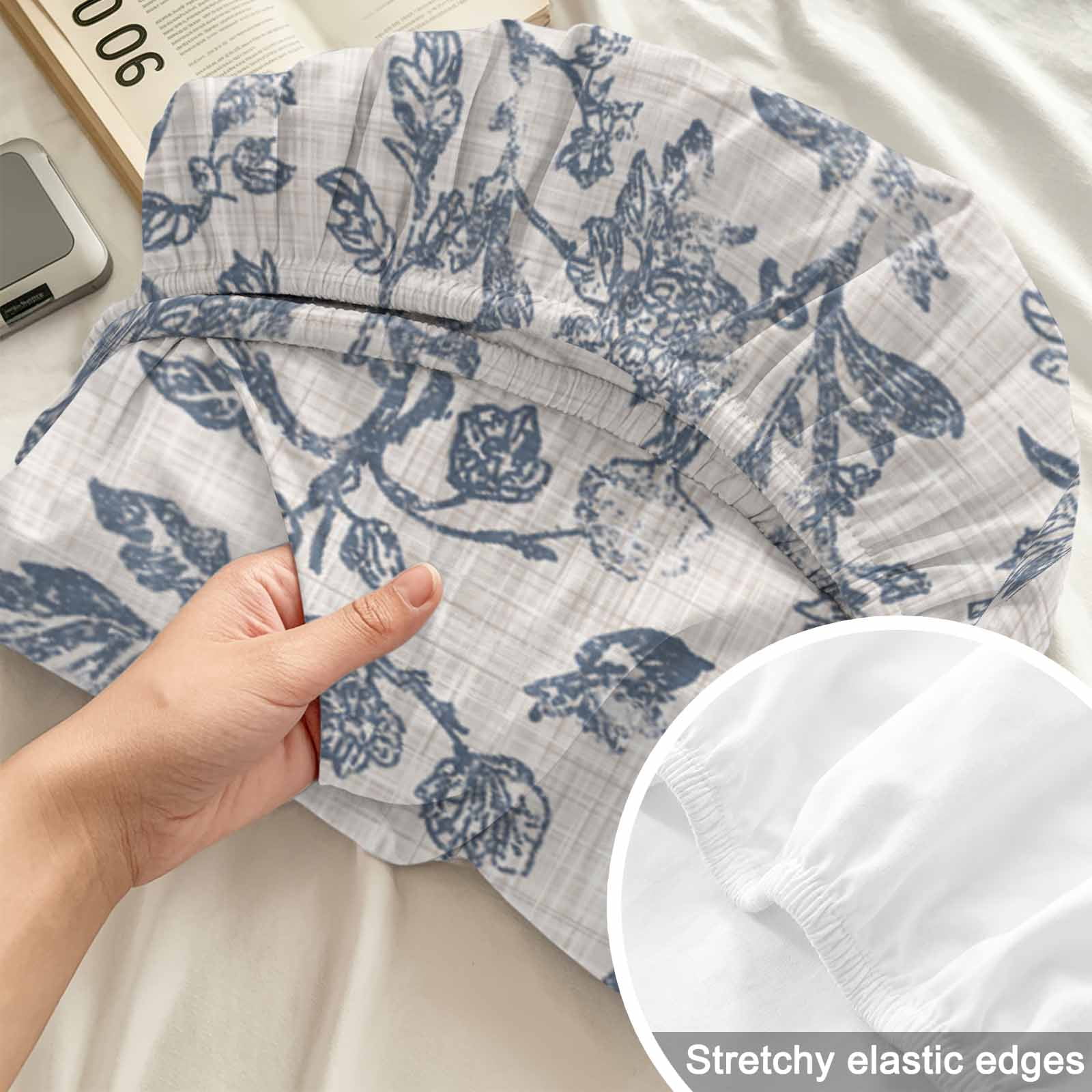 King Size Fitted Sheet Set - Farmhouse Blue Floral 3 Piece Bedding Sets 16" Deep Pocket Fitted Sheet with 2 Pillowcases, Vintage Botanical Leaves Burlap Brushed Microfiber Hotel Luxury Bed Sheets