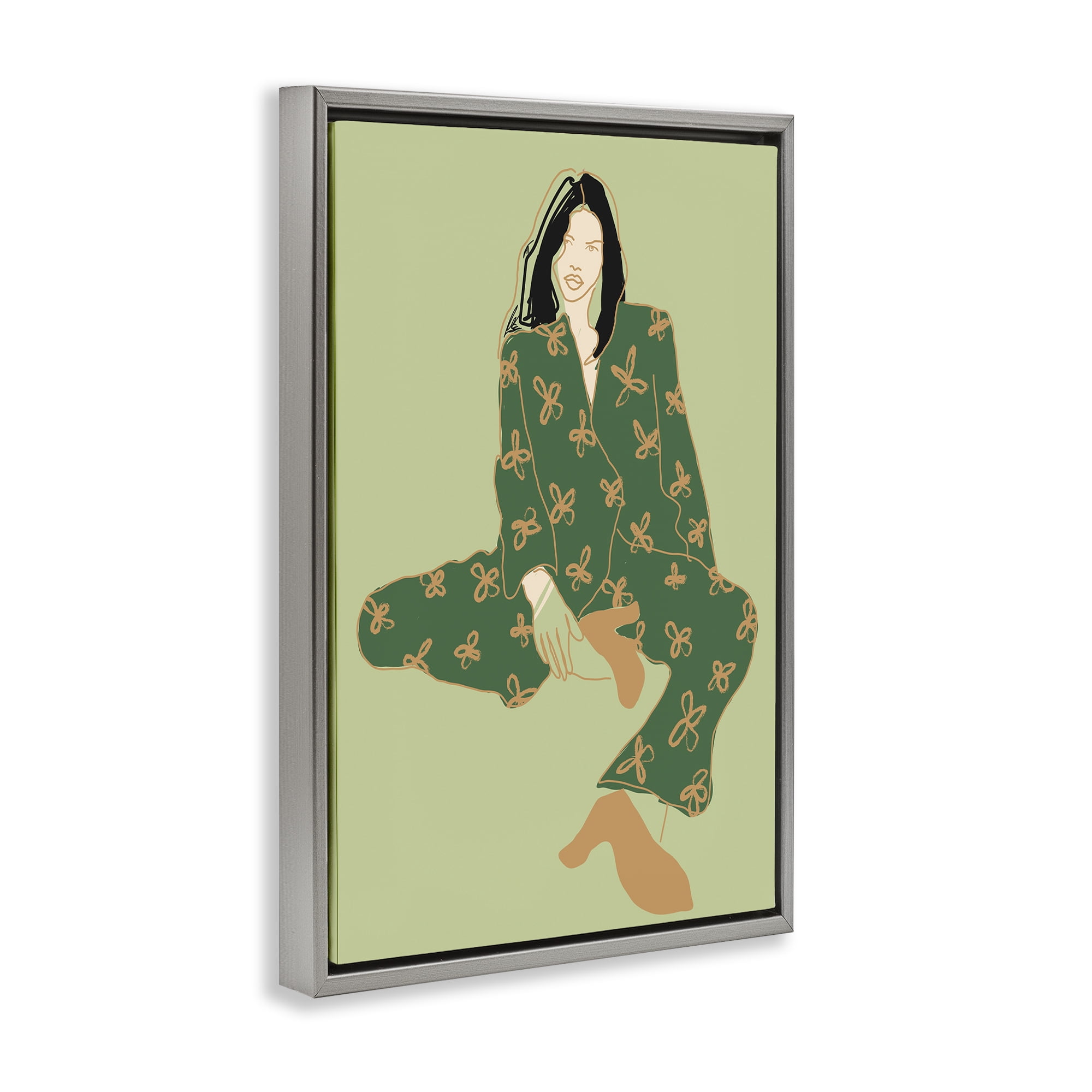 Stupell Industries Stylish Girl Sitting Novelty Painting Gray Floater Framed Art Print Wall Art, 21 x 31