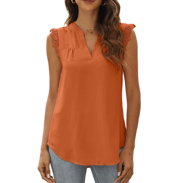 Txlixc, camisetas sin mangas de verano para mujer, sin mangas, lisas/flores/hojas, camisas de encaje con cuello en V, chaleco informal suelto para mujer Txlixc Estilo de ocio