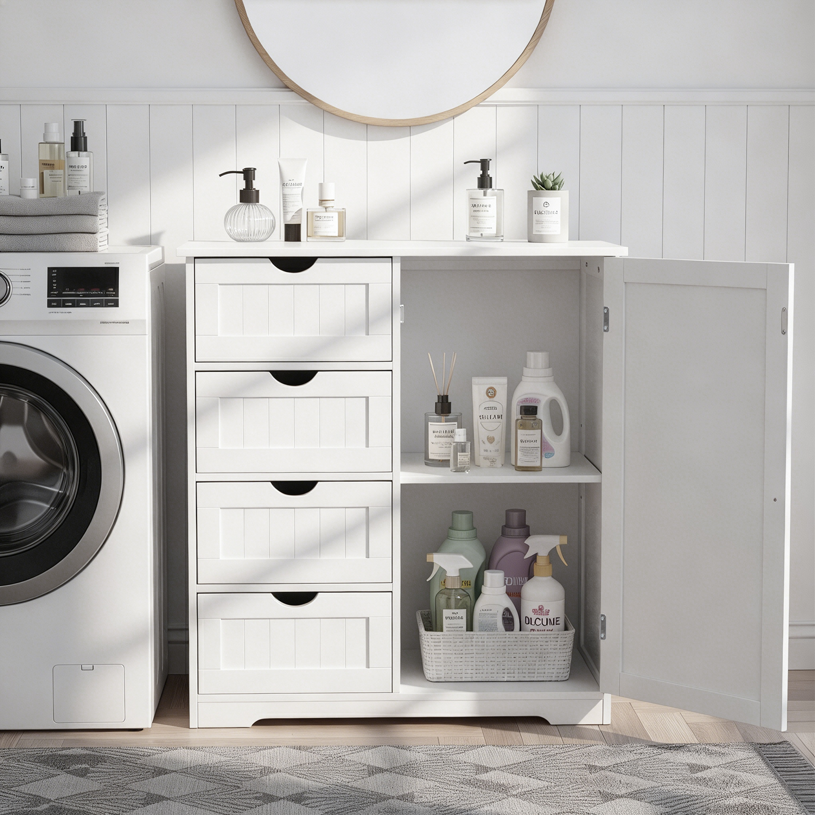 Ktaxon Larger Wooden Bathroom Floor Cabinet, Side Storage Organizer with 4 Drawers, 1 Cupboard & 2-Shelves, White