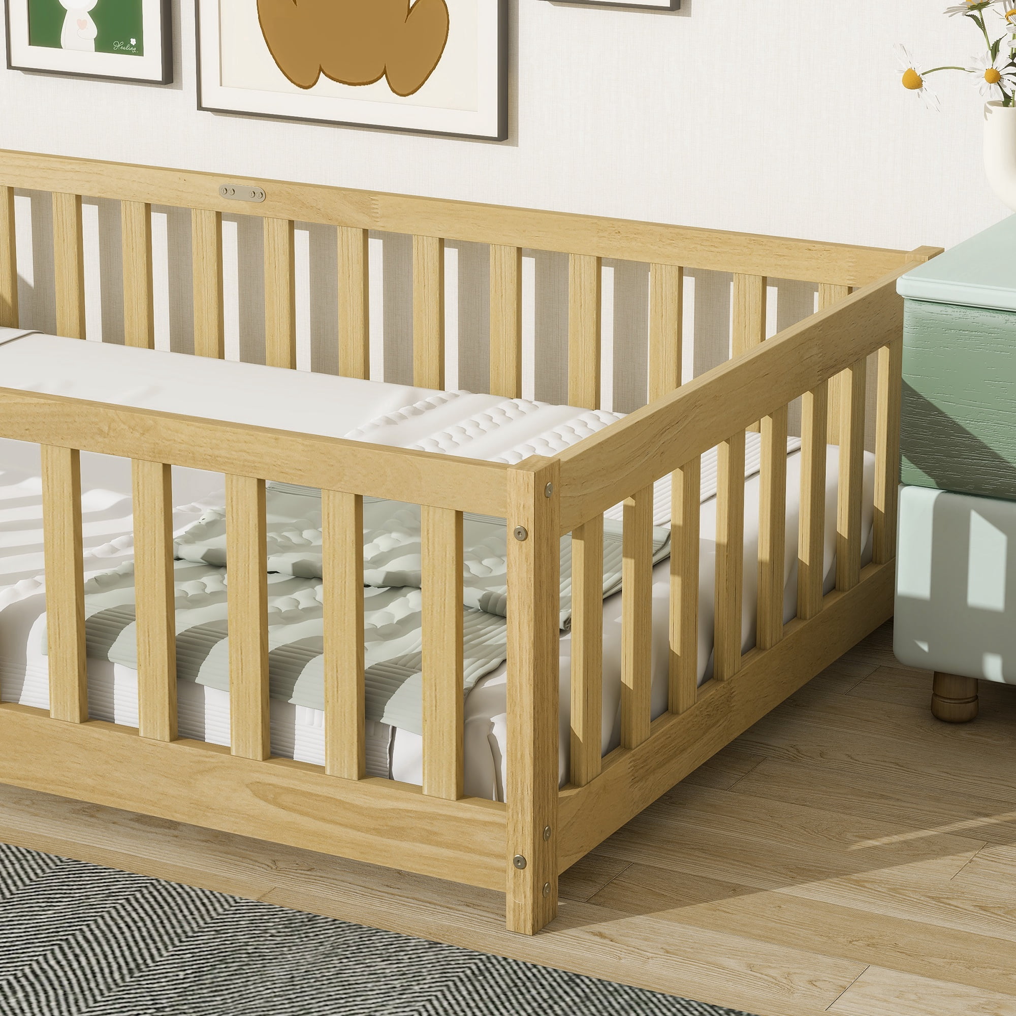 Twin Size Floor Bed with Fence, UHOMEPRO Montessori Floor Bed with Slats and Safety Guardrails, Solid Wood Twin Bed Frame for Bedroom, Natural