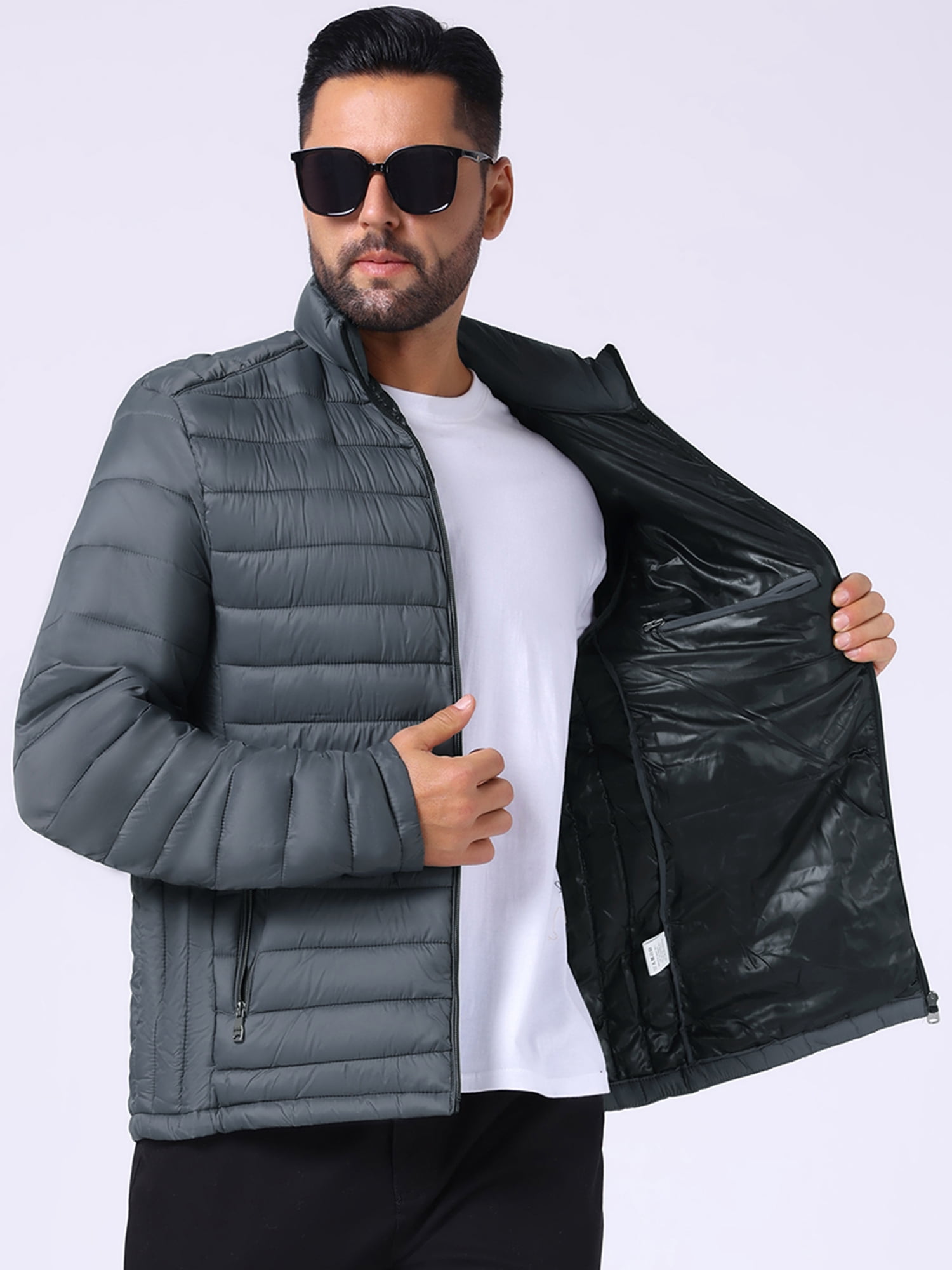 DARING DIVA Men's Winter Solid Stand Collar Zipper Quilted Puffer Jacket XL Gray