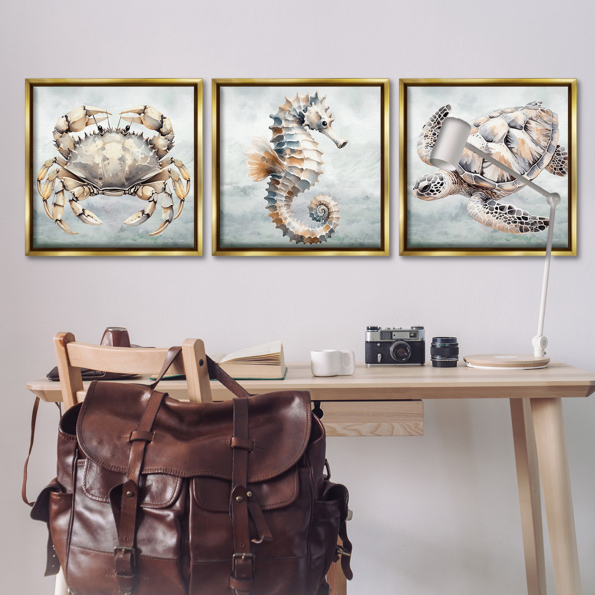 Stupell Industries Traditional Marine Life Animals & Insects Painting Gold Floater Framed Canvas Art Print Wall Art, 25 x 25, Set of 3
