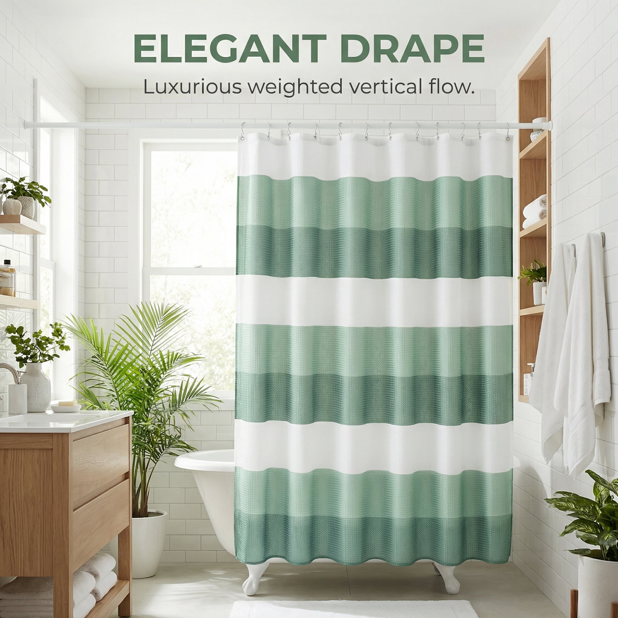 Unique Bargains Waffle Stripe Shower Curtain Sets with 12 Hooks Green 71"W x 71"L