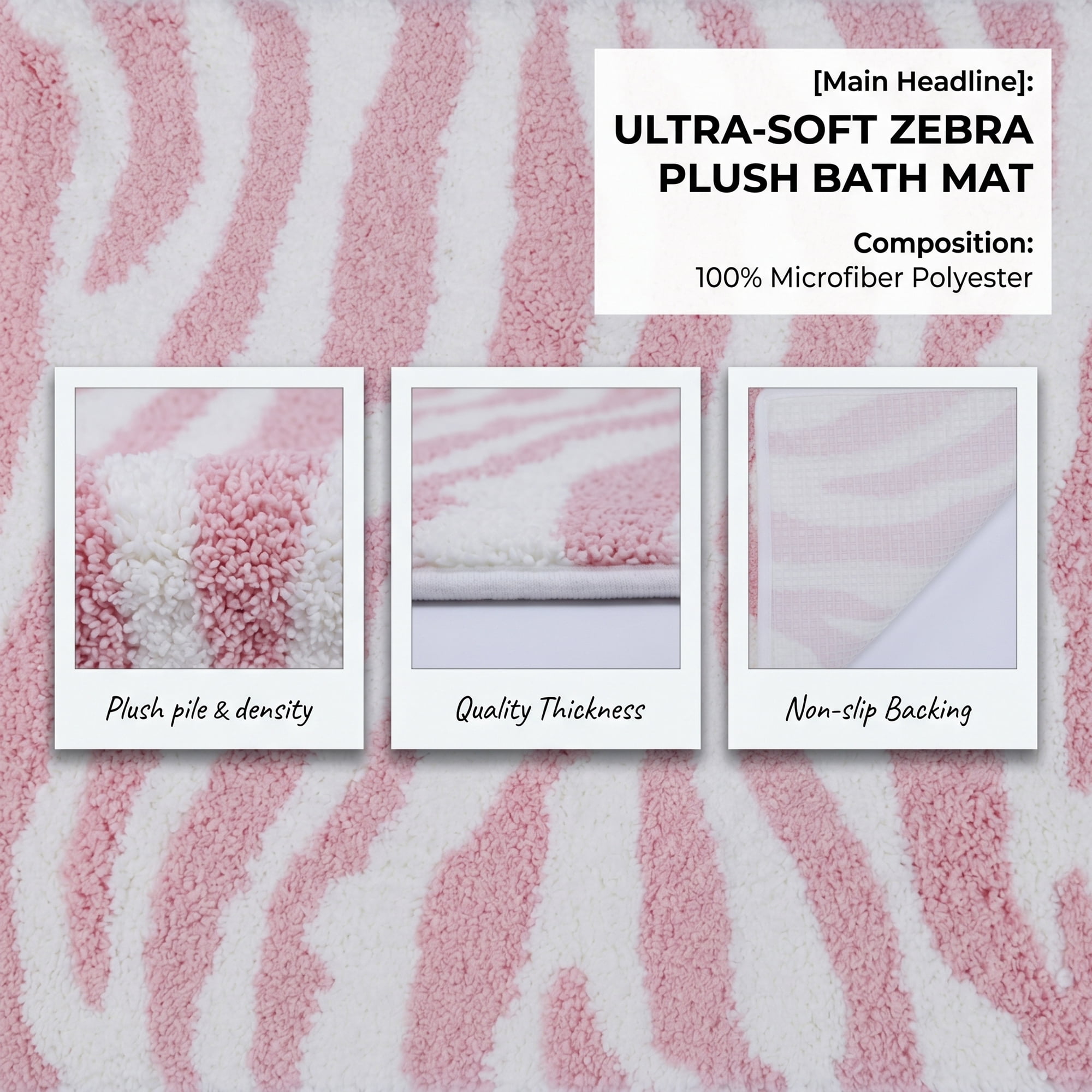 Unique Bargains Zebra Print Absorbent Non Slip Machine Washable Bath Mat Pink 24" x 16"