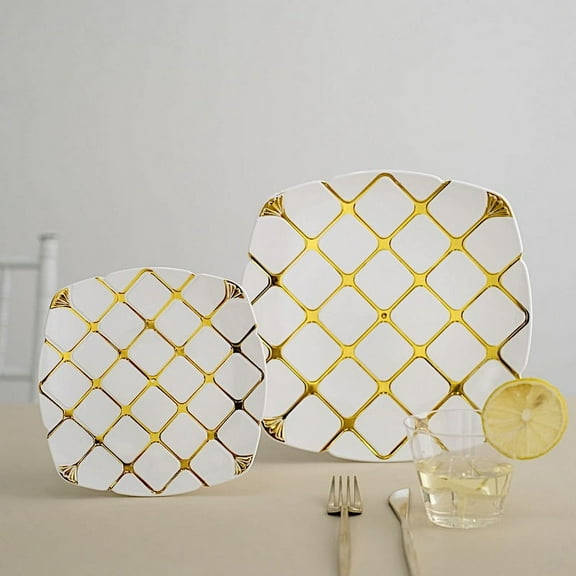Balsa Circle 10 White 10" Disposable Plastic Plates Gold Geometric Design Party Events Tableware
