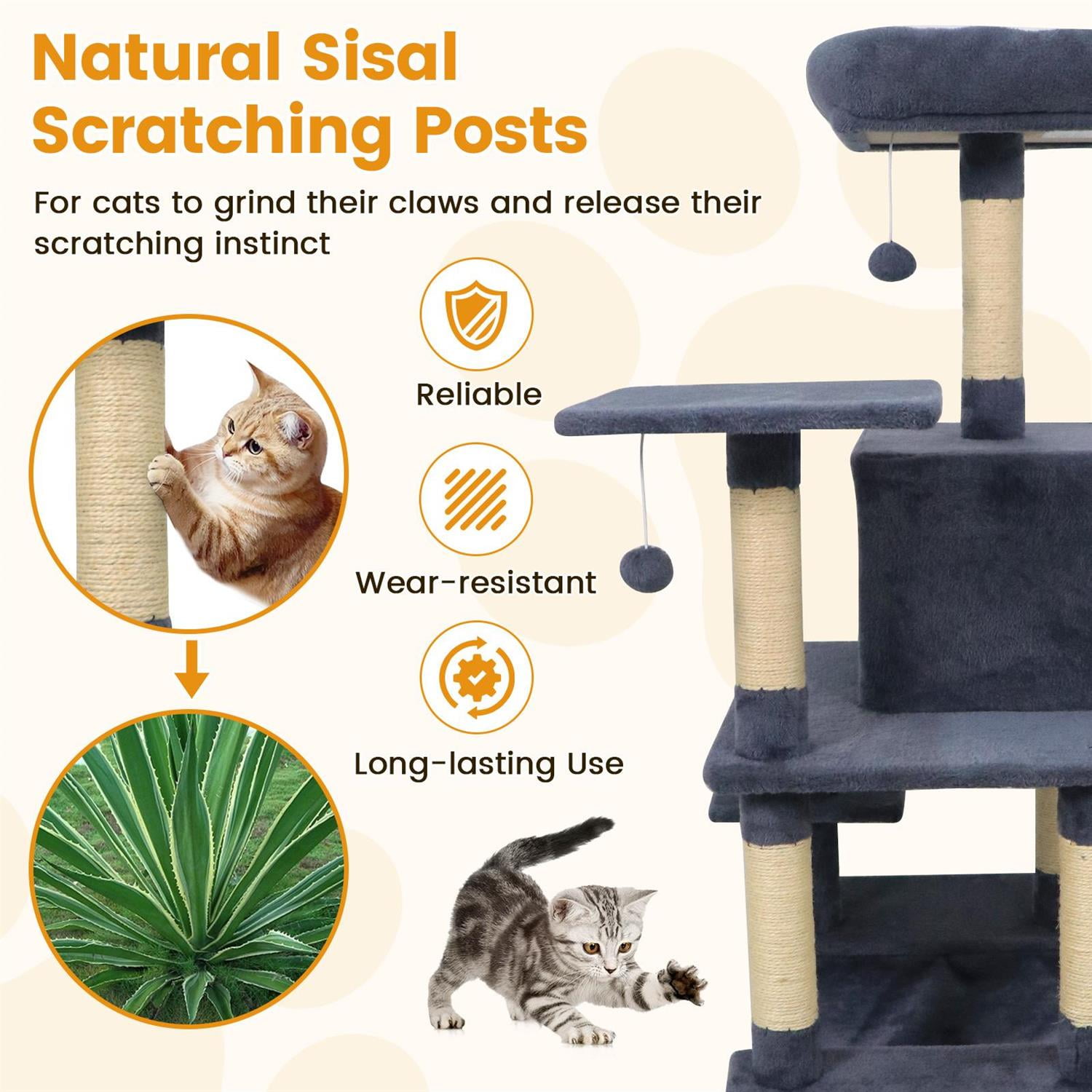 Pefilos 58" Multi-Level Cat Tree, Soft Plush & Padded Top Perch, Condo & Sisal Scratching Posts, Blue