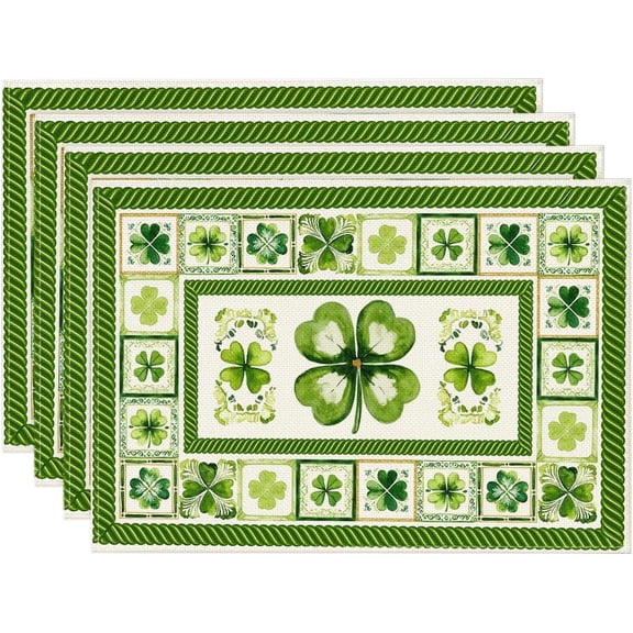 Watercolour Shamrocks St. Patrick's Day Placemats Set of 4, 12x18 Inch Seasonal Spring Table Mats for Party Kitchen Dining Decoration