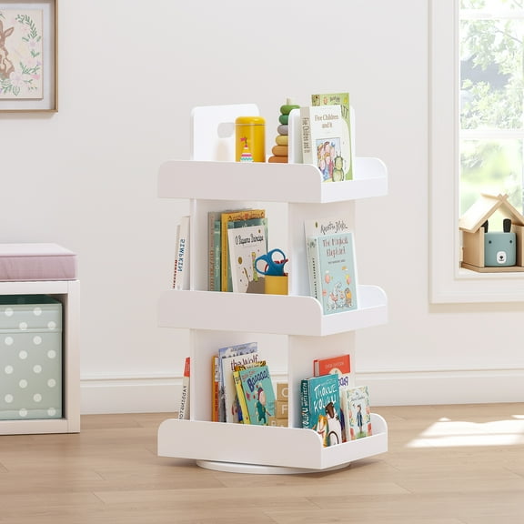 STAROUS Kids Rotating Bookshelf Tower, 3-Tier 360° Spinning Bookcase with Book Display, Revolving Storage Organizer for Kids Room, Nursery, or Classroom, White