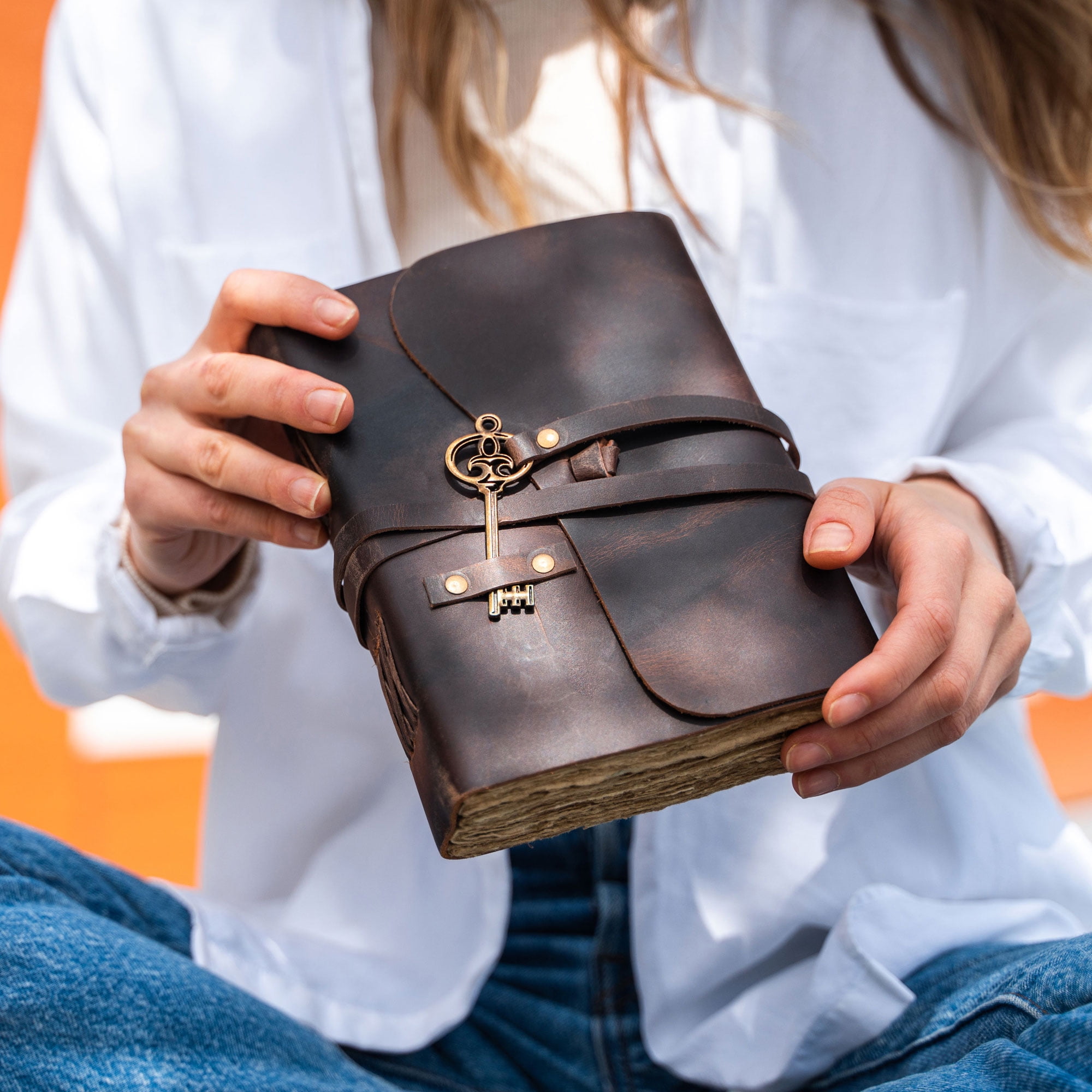 Handmade Leather Journal 9 x 6 Inch – Lined Deckle Edge Paper Notebook with Vintage Key Closure for Men and Women