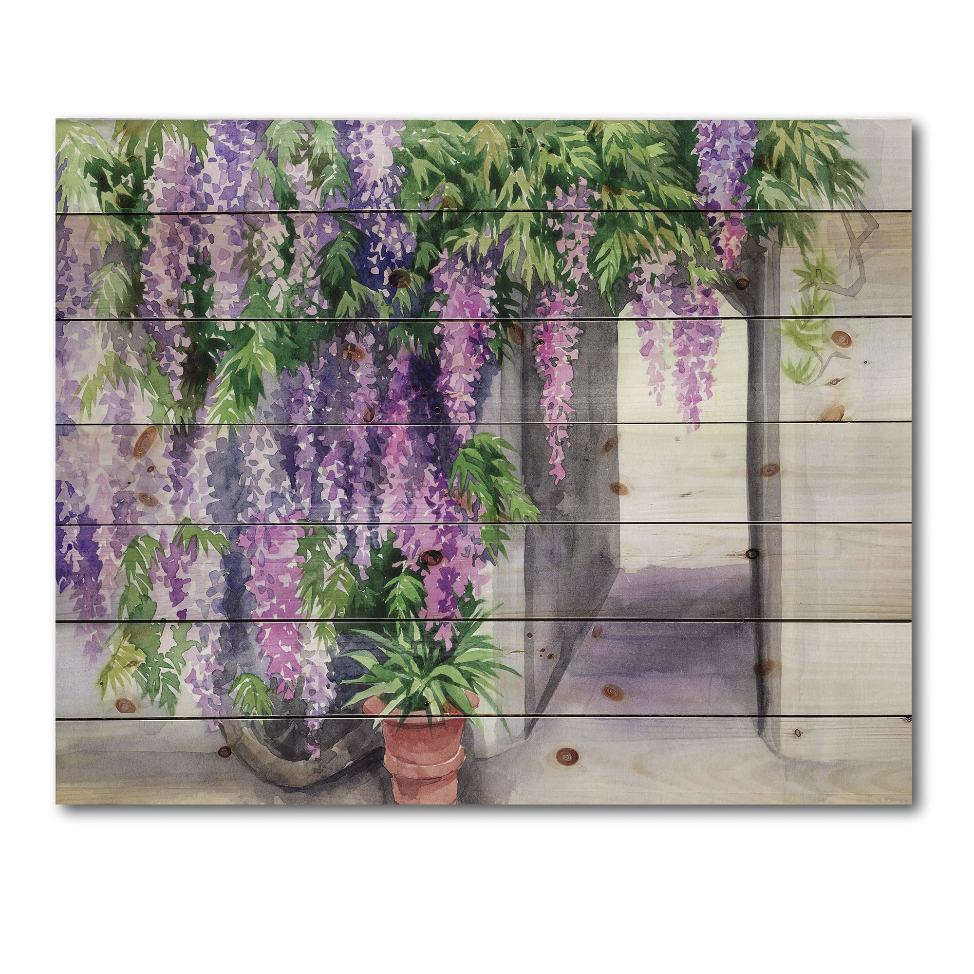 Designart 'Purple Wisteria Blossom' Traditional Print on Natural Pine Wood