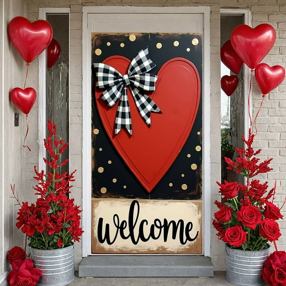 Red Heart Welcome Banner Buffalo Plaid Bow Love Backdrop Black Background Gold Polka Dots Heart Display for Front Door Decor Valentine's Day Party Housewarming Gift