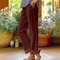 thumbnail image 2 of RQYYD Cotton Linen Pants for Women Summer Boho Plus Size Elastic Waist Casual Loose Beach Straight Leg Trouser with Pockets with Embroidered Cuff, 2 of 5
