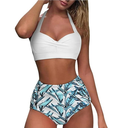 SDJMa Swimsuits for Women Two Piece Bathing Suits Floral Print Women Vintage Swimsuit Two Piece Retro Halter Ruched High Waist Print Bikini Set