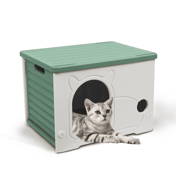Green Plastic Cat House Waterproof Feral Cat Shelter Indoor Outdoor