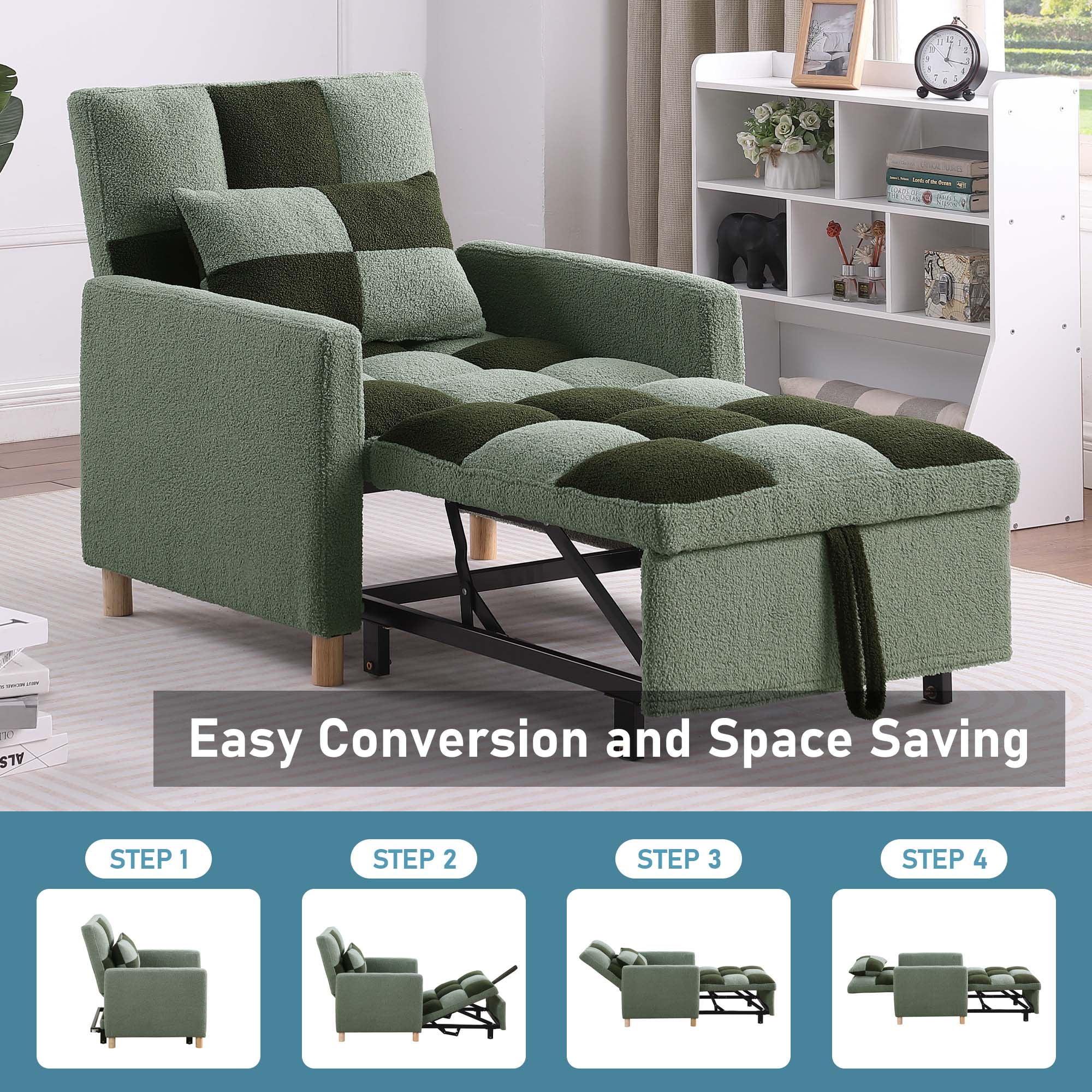 Aukfa Convertible Sleeper Chair Bed, Patchwork Pull Out Sofa Chair with Adjustable Backrest, Teddy  Green  (图3)