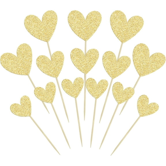 12pcs Heart Cupcake Toppers Glitter Love Heart Valentine Cupcake Picks for Valentine's Day Wedding Engagement Bridal Shower Birthday Party Cake Decorations Supplies Gold