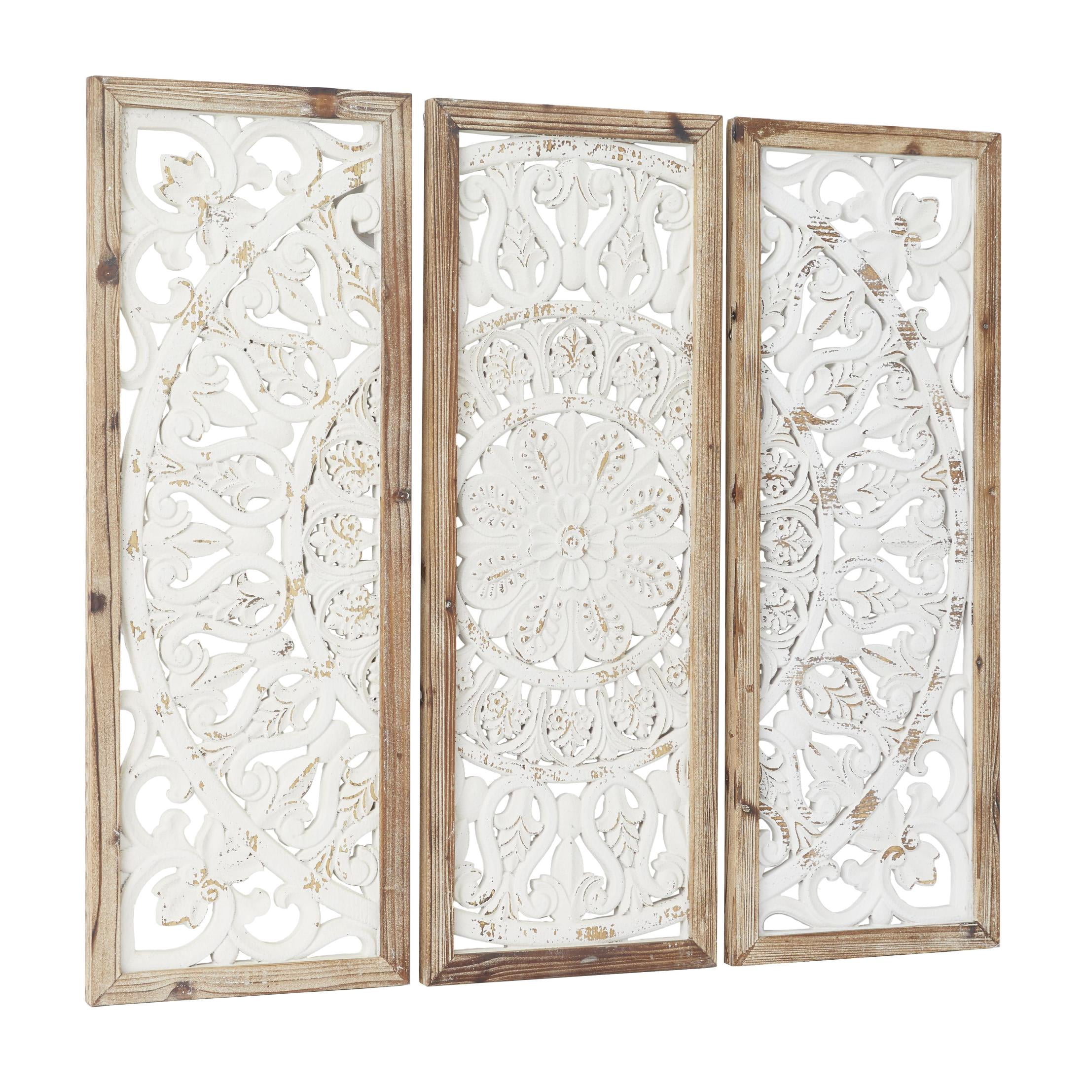 DecMode White Wood Intricately Carved Floral Wall Decor with Mandala Design (3 Count)