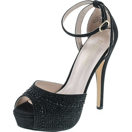 

Blossom Womens VICE-126 Bridal Formal Evening Party Ankle Strap High Heel Peep Toe Glitter Sandal Black 8.5