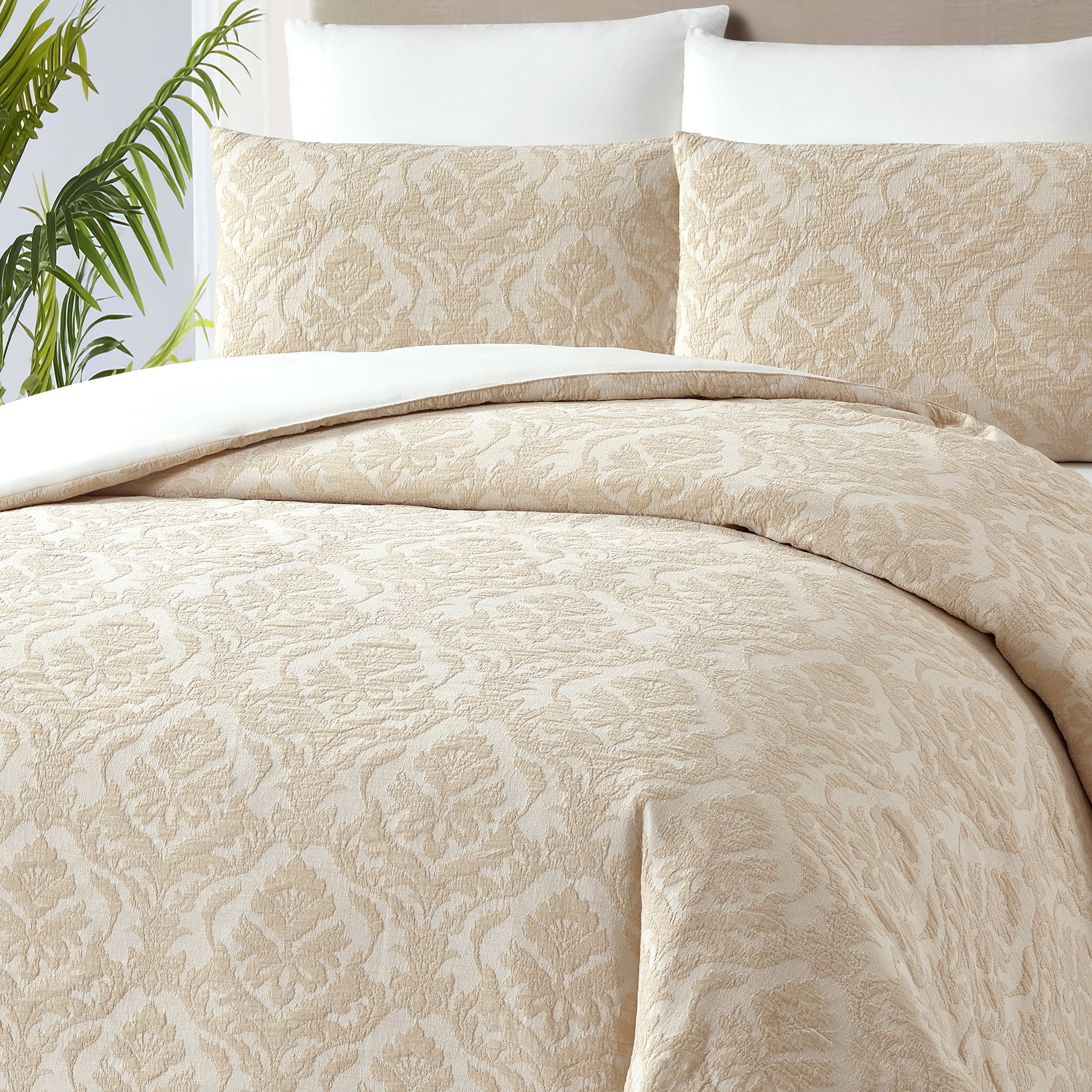 Better Homes & Gardens Woven Damask 3-Piece Comforter Set, Beige, Full Queen, All Ages