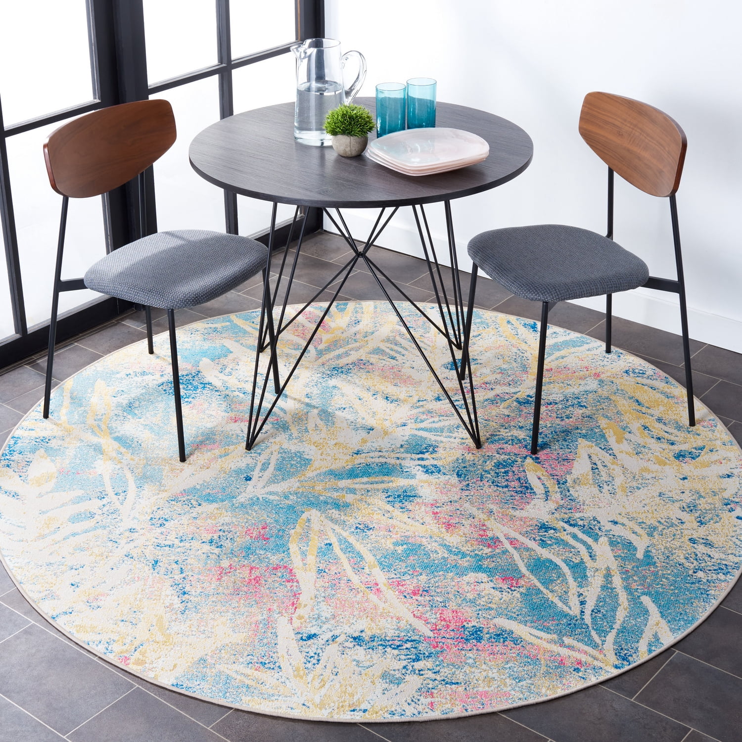 SAFAVIEH Barbados Tobon Botanical Indoor/Outdoor Area Rug, Light Blue/Ivory, 6'6" x 6'6" Round