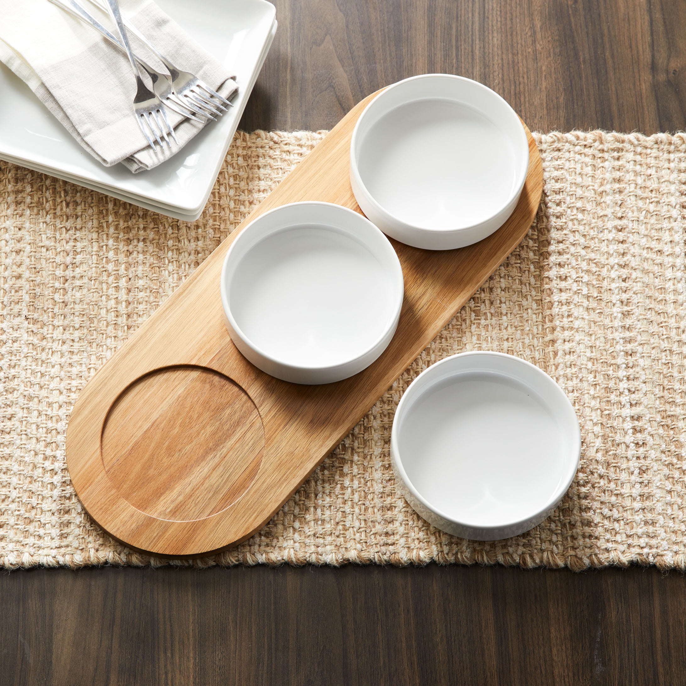 (4 pack) Better Homes & Gardens Acacia Wood Tray with Stoneware Bowls for Condiments, Rustic
