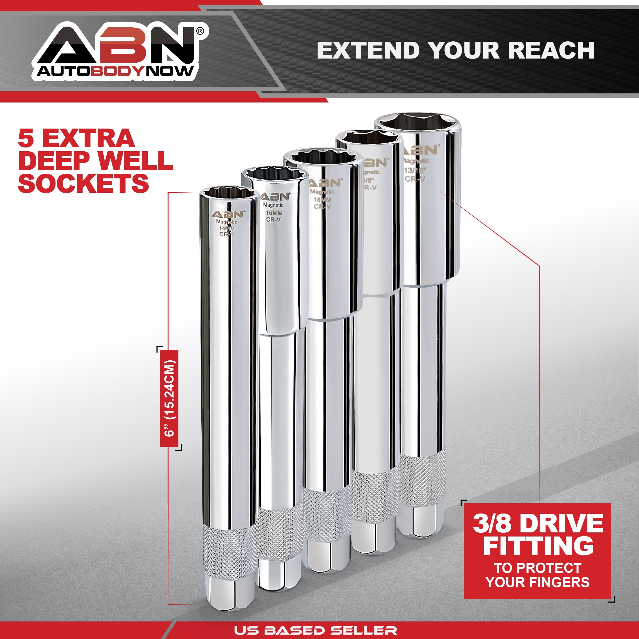ABN Extra Deep Well Socket Set 5pc - 3/8in Dr Extended 6 and 12pt Magnetic Set