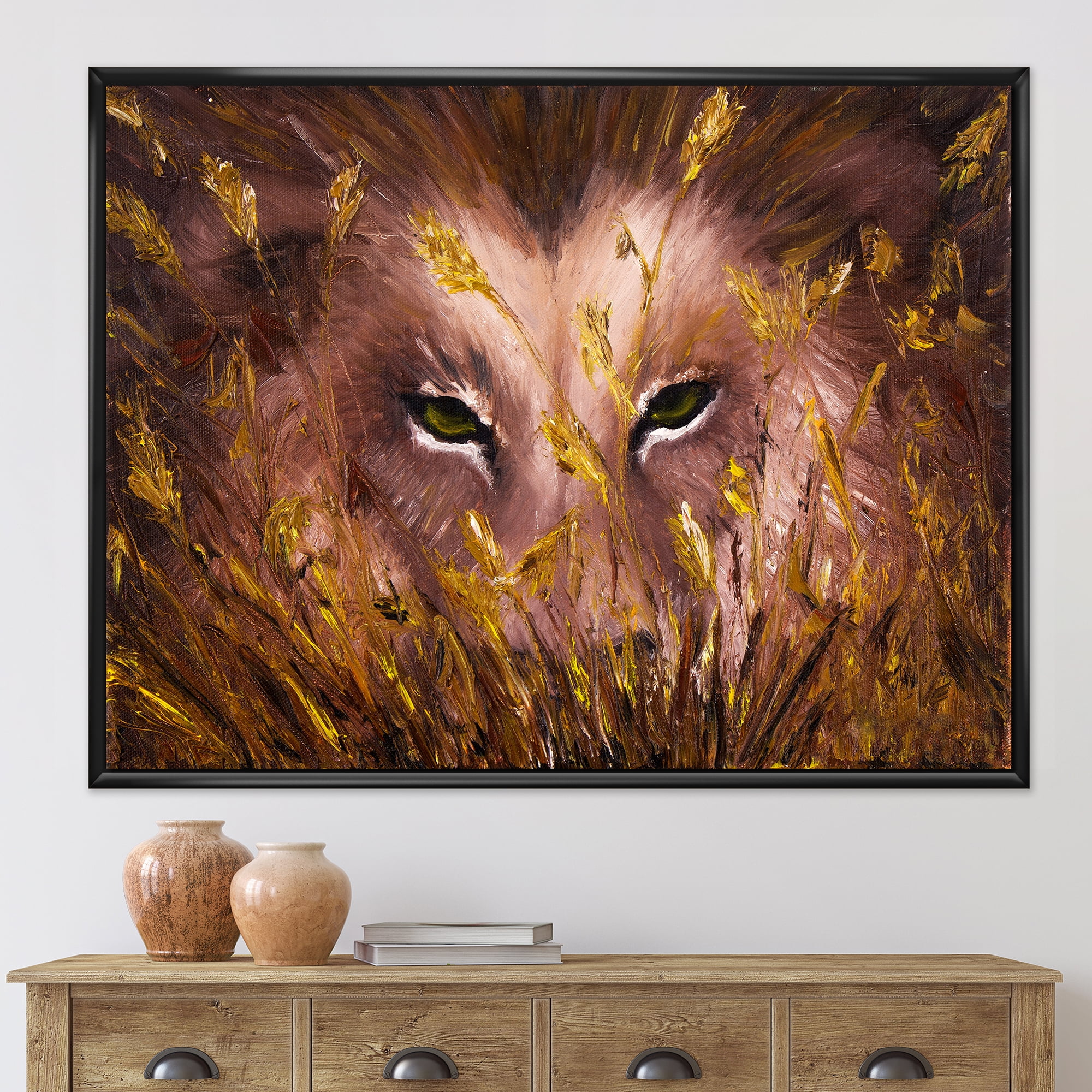 Close Up Of Wolf Eyes In The Grass 32 in x 16 in Framed Photography Canvas Art Print, by Designart