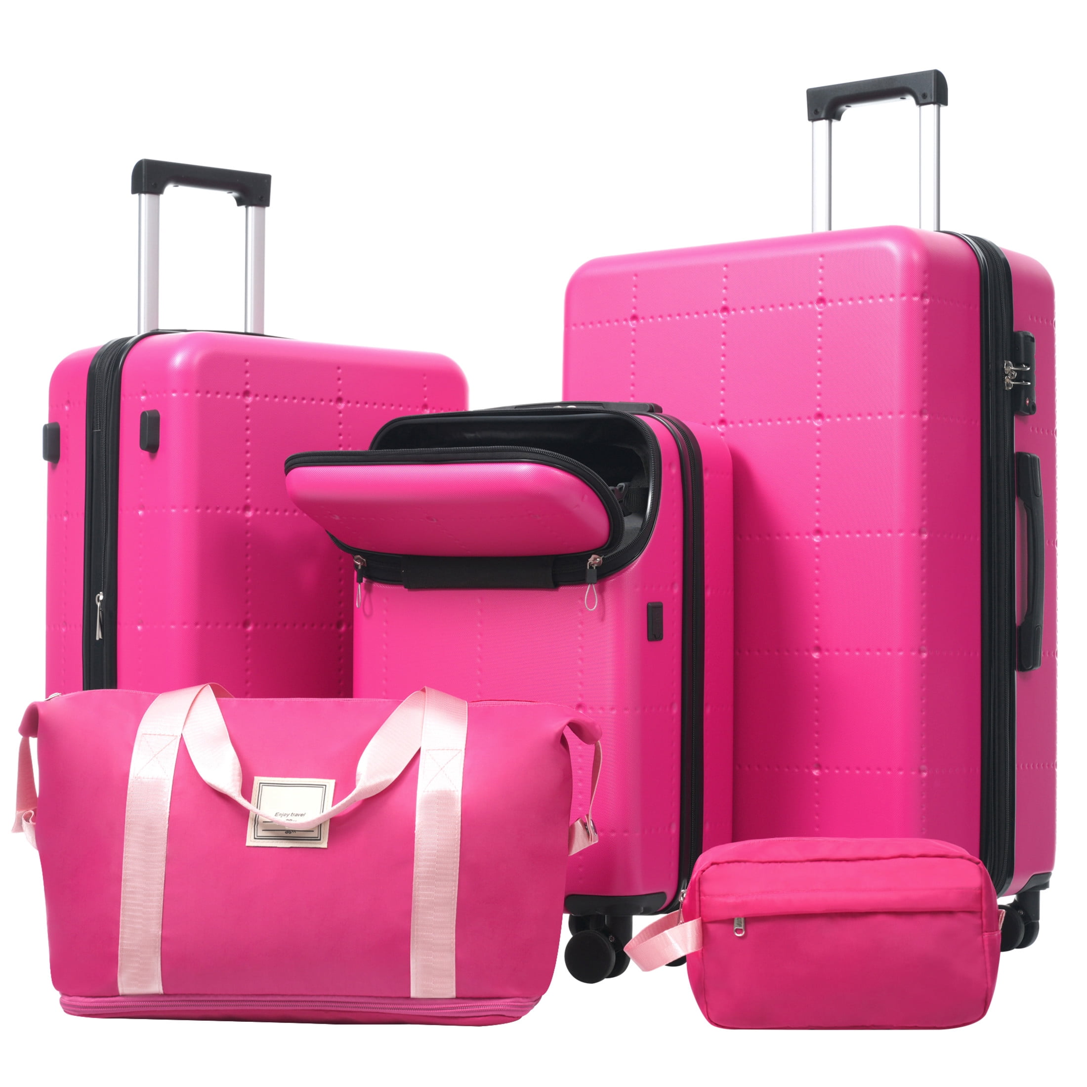 GDF Studio 5-Piece Hardside Luggage Set, Carry-On Suitcase with USB Port and Checked Bags, Spinner Wheels, Pink
