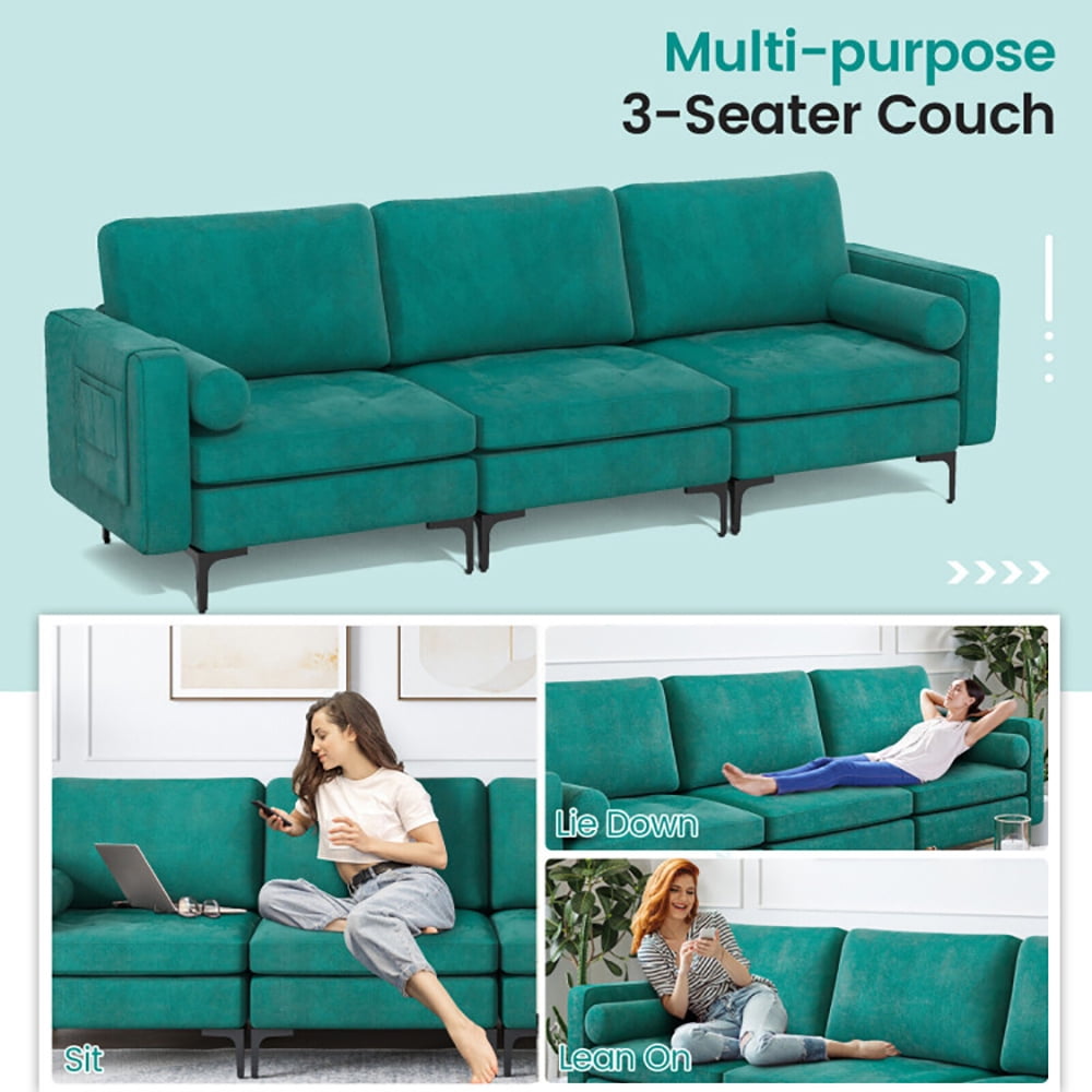 Finihen Sectional Sofa Couch, 3-Seat Sofa Sectional with Side Storage Pocket and Metal Leg, for Living Room, Bedroom, Teal Finihen Sectional Sofa Couch, 3-Seat Sofa Sectional with Side Storage Pocket and Metal Leg, for Living Room, Bedroom, Teal