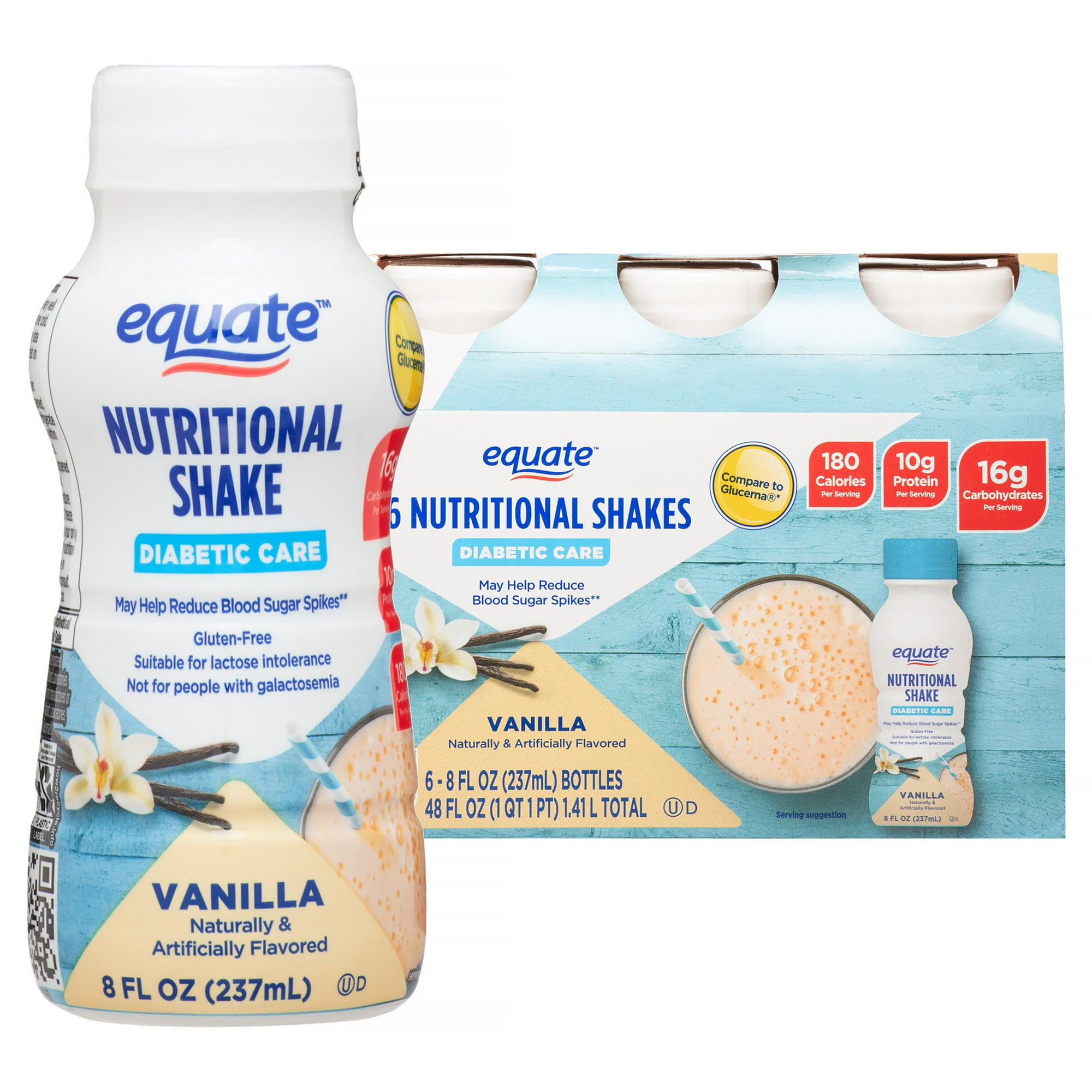 Equate Diabetic Care Nutritional Shakes, Vanilla, 8 fl oz, 6 Count Compare to Glucerna Vanilla