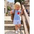 thumbnail image 3 of BemeyourBBs Toddler Baby Girl Back to School Outfit First Day of School Kindergarten Outfits Apple Embroidery Doll Collar Puff Short Sleeve Shirt Tops Stripe Shorts Set 2Pcs Baby Fall Summer Clothes, 3 of 9