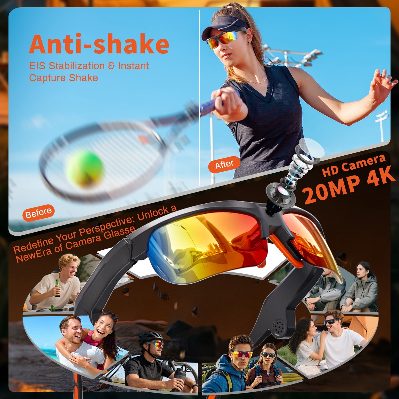 AI Smart Sports Glasses – 20MP Camera, EIS Video, Open-Ear Audio, Real-Time Translation, Photochromic UV400 Lenses for Cycling & Hiking, Red