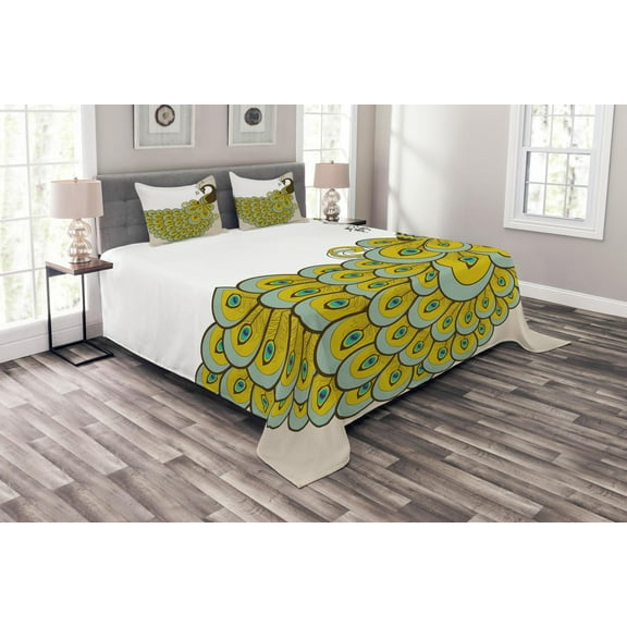 Ambesonne Animal Quilted Bedspread Set 3 Pcs, Peacock with Vivid Tail, Queen Size, Brown Sage Green Beige