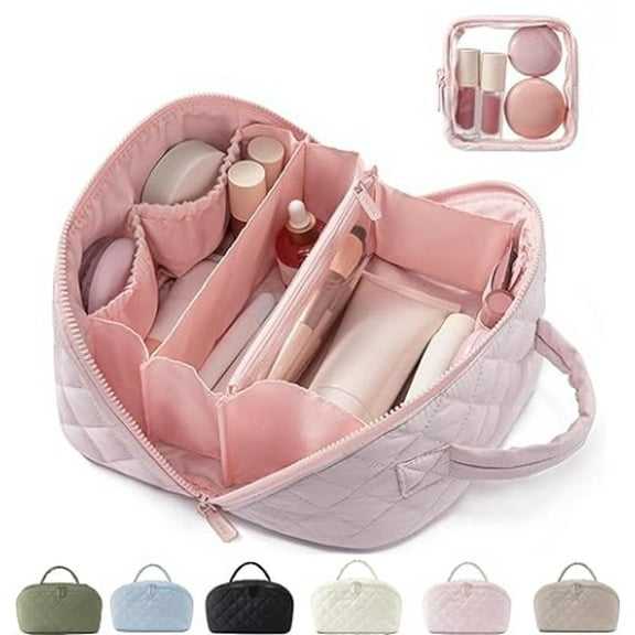 Travel Make Up Bag for Women, Large Capacity 180° Lay-Flat Design, Water-Resistant Puffer Cosmetic Organizer Pouch with Compartments for Toiletries & Brushes