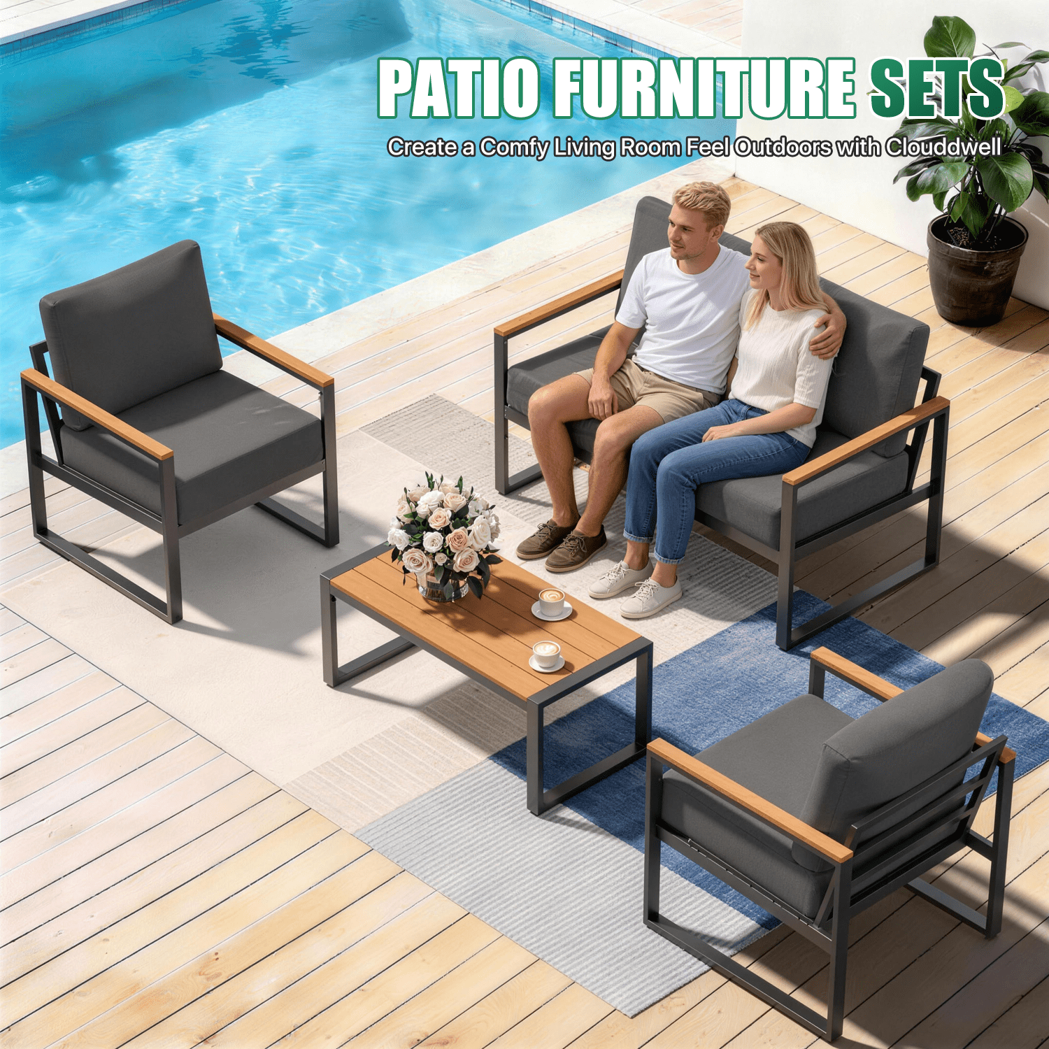 LazySunsets 4-Piece Outdoor Patio Furniture Set, Modern Metal Conversation Set for Porch, Deck, Balcony (Dark Grey)