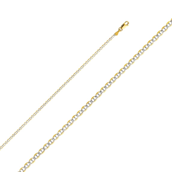 Ioka - 14K Yellow Solid Gold 2mm Flat Mariner White Pave Chain Necklace with Lobster Clasp - 22"